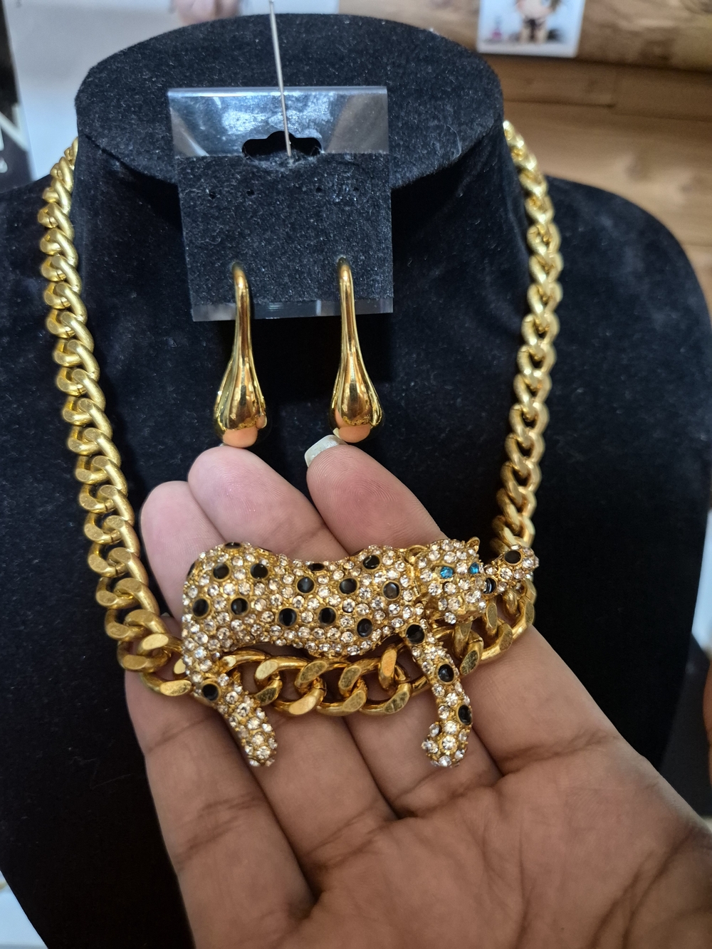 Gold-Tone Leopard Pendant Chain Necklace and Drop Earrings - Gold